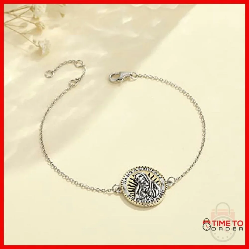 925 Sterling Silver Santa Muerte Charm Bracelet Adjustable Cable Chain